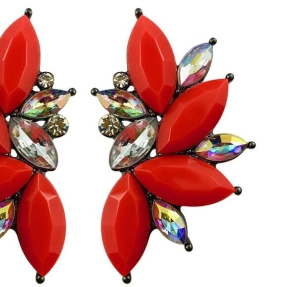 Gun Metal Black with Matte Red Crystal 80's Punk Rock Starburst Earrings - Picture 2 of 5